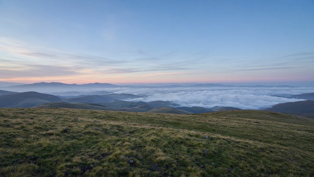 Weite Aussicht von der Wasserkuppe über die Hochrhön bei Sonnenuntergang